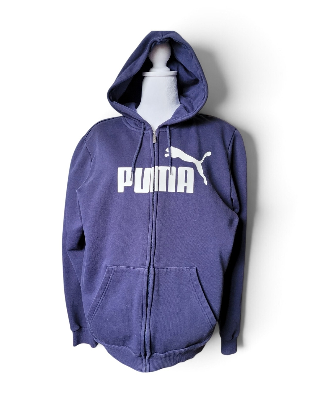 Puma Full-Zip Hoodie Navy Blue with White Logo Large Unisex Relaxed Fit